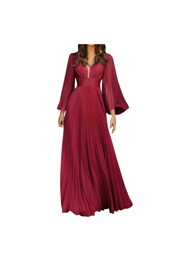 Women's Deep Vneck Long Bell Sleeve Wedding Guest Dress Elegant Backless Pleated Formal Evening Maxi Long Dress Red M