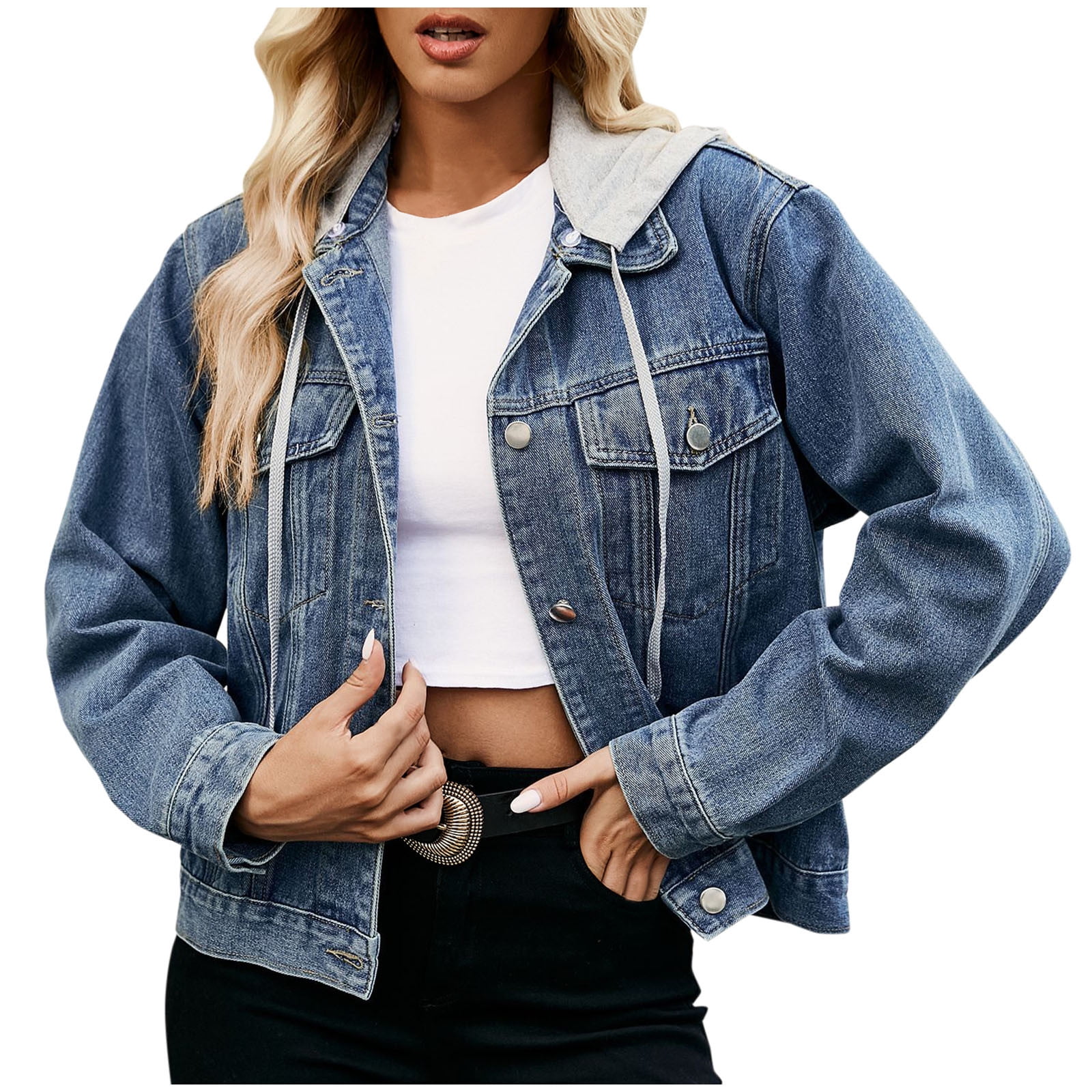 Women's Plus Size Denim Jacket With Hood - Long Sleeve, Button-Down, Breathable, With Pockets For Fall