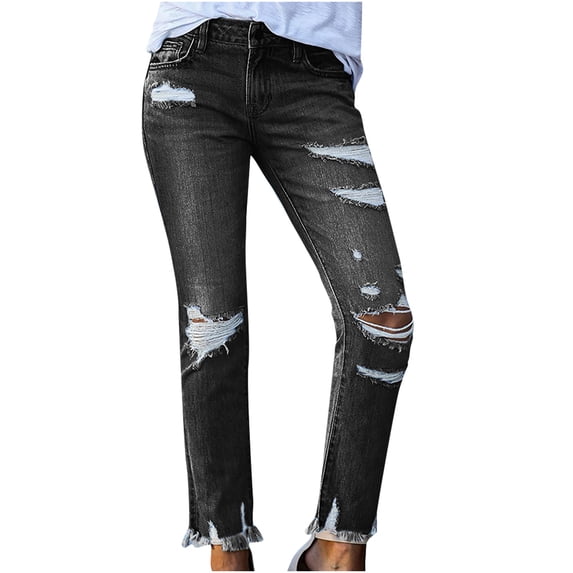 XFLWAM Women's Destroyed Raw Hem Jeans Stretchy Ripped Distressed Straight Leg Boyfriend Skinny Denim Pants Black XL