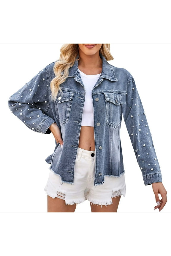 Women's Distressed Pearl Decored Denim Jacket Long Sleeve Button Down Shirts Casual Irregular Frayed Hem Jean Jackets Blue XL