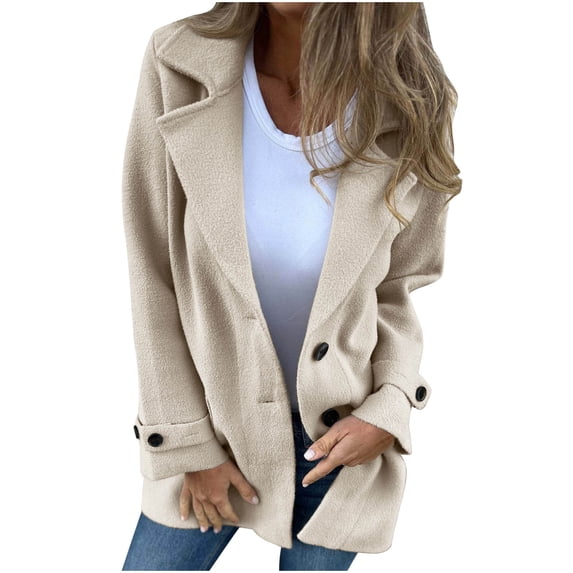 XFLWAM Women's Double Breasted Coats Notched Lapel Collar Fall Winter Overcoats Wool Blend Pea Coats Casual Long Trench Coat Beige M