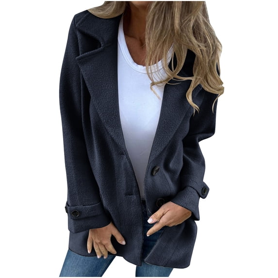 XFLWAM Women's Double Breasted Coats Notched Lapel Collar Fall Winter Overcoats Wool Blend Pea Coats Casual Long Trench Coat L
