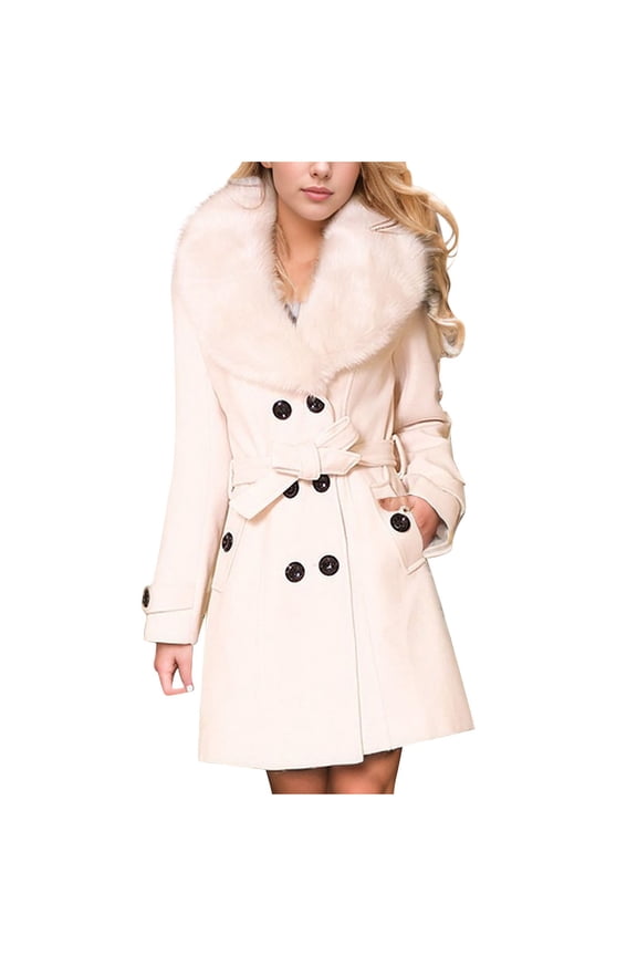Women's Double Breasted Pea Coat Tweed Woollen Trench Coat with Belt Winter Overcoats with Pockets M
