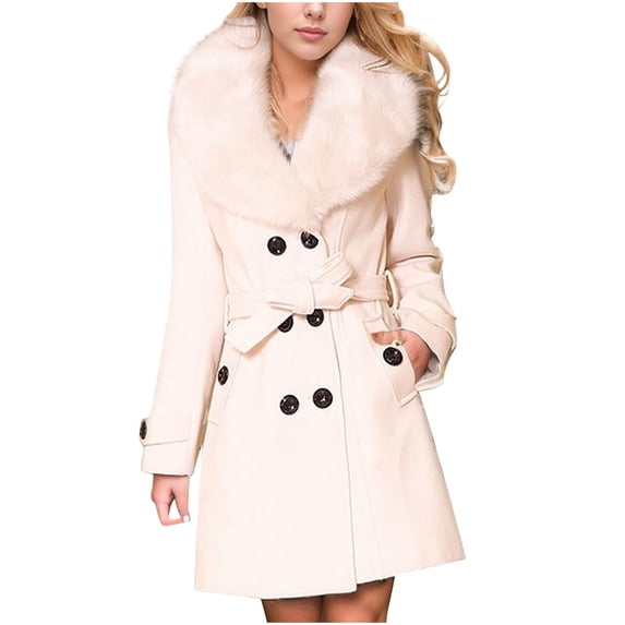 XFLWAM Women's Double Breasted Pea Coat Tweed Woollen Trench Coat with Belt Winter Overcoats with Pockets M