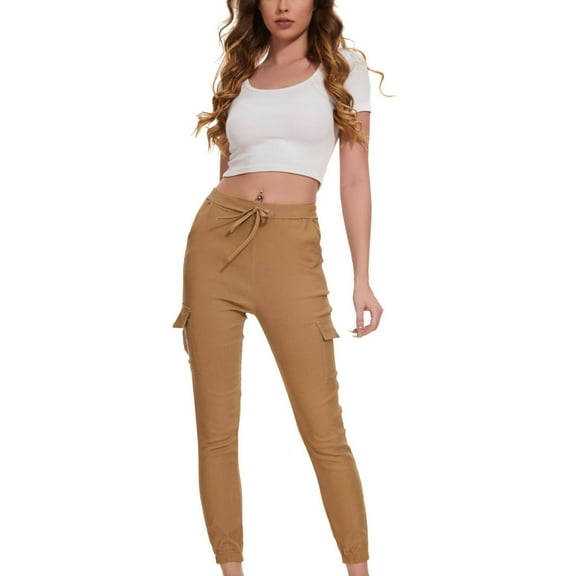 XFLWAM Women's Drawstring Cargo Pants with Pockets Elastic High Waist Paper Bag Work Pants Khaki M