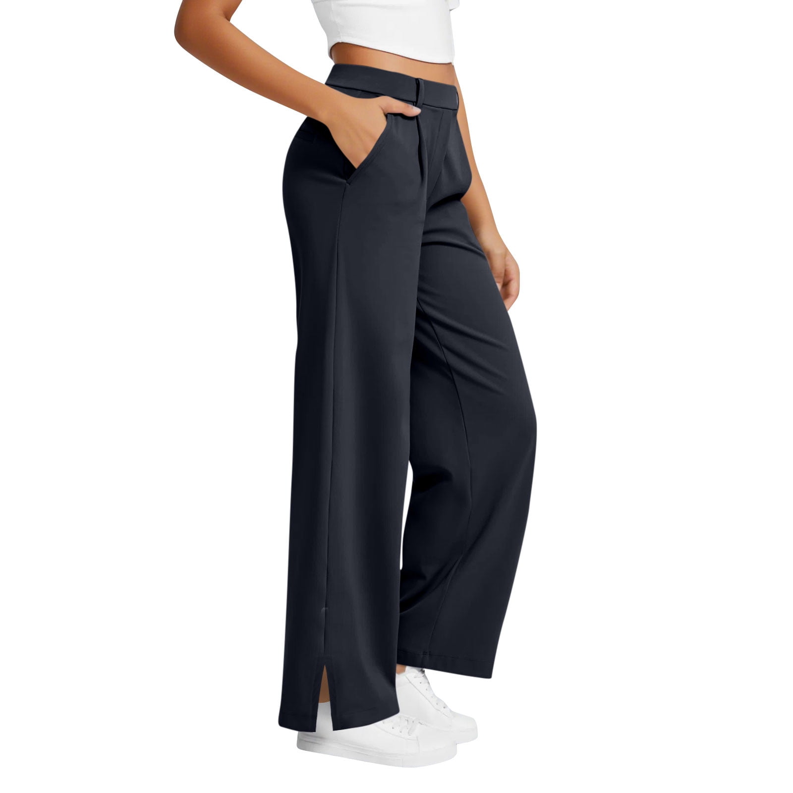 JWD Wide Leg Pants, High Waist, Adjustable Knot, Pockets