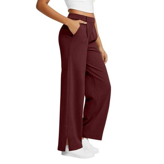 XFLWAM Women's Dress Pants Stretchy Work Business Slacks Pants High Waisted Wide Leg Side Slit Casual Trousers with Pockets Wine Red XL
