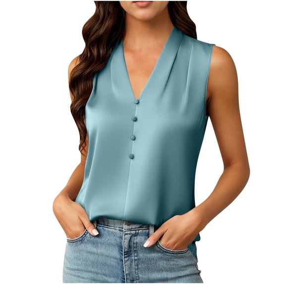 XFLWAM Women's Dressy Tank Tops Summer Pleated Sleeveless Work Blouses Silk Satin V Neck Shirts Business Casual Outfits