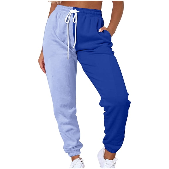 XFLWAM Women's Elastic High Waist Drawstring Joggers Pants Color Block Baggy Sweatpants with Pockets Gym Running Pants Blue L