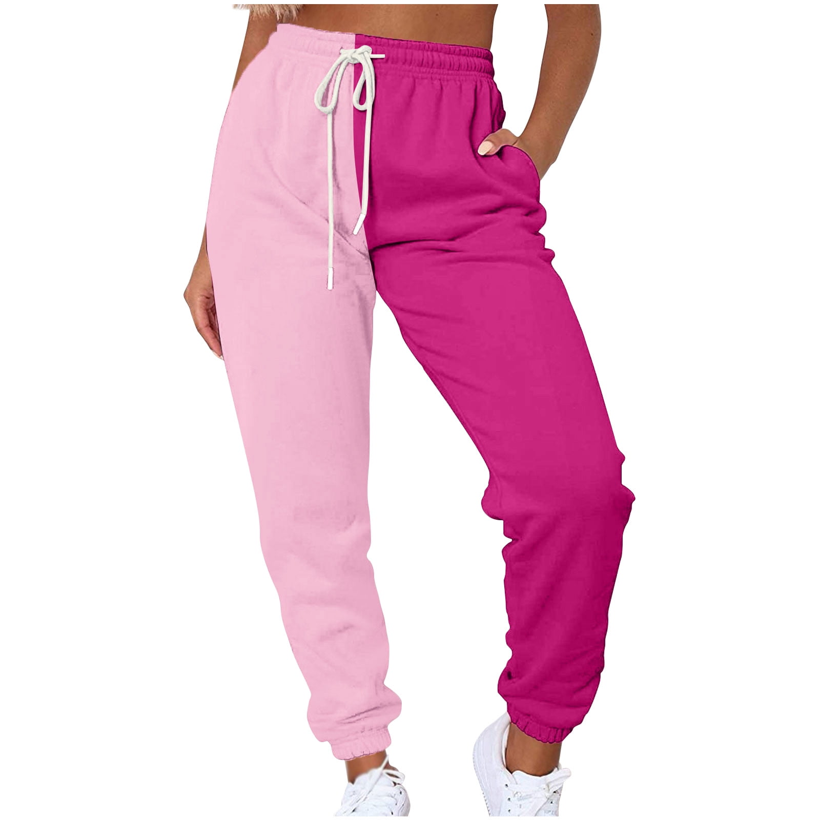 XFLWAM Women's Elastic High Waist Drawstring Joggers Pants Color Block  Baggy Sweatpants with Pockets Gym Running Pants Red M 