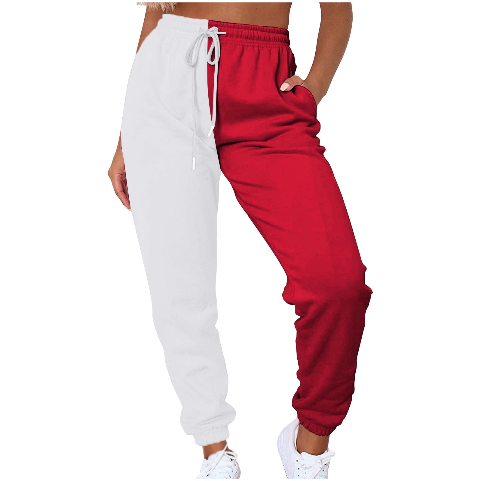 XFLWAM Women's Elastic High Waist Drawstring Joggers Pants Color Block  Baggy Sweatpants with Pockets Gym Running Pants Red M
