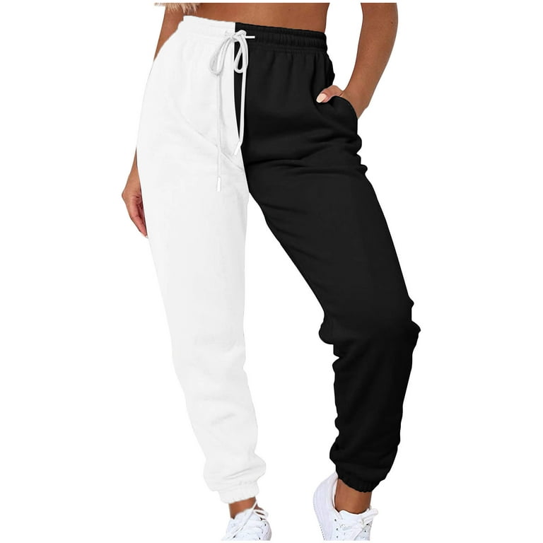 XFLWAM Women's Elastic High Waist Drawstring Joggers Pants Color Block  Baggy Sweatpants with Pockets Gym Running Pants White L