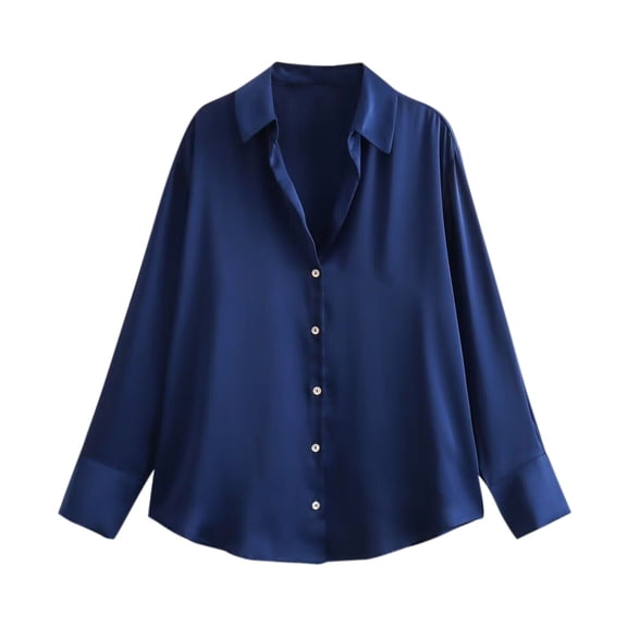 XFLWAM Women's Elegant Satin Blouses Shirts Soft Silk Shirts Top Loose Fit Button Down Shirts Casual Office Long Sleeve Shirt Navy M