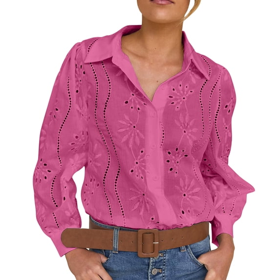 XFLWAM Women's Eyelet Hollow Out Lace Tops Puff Long Sleeve Button Down Shirts Spring Summer Dressy Causal Business Work Out Blouse