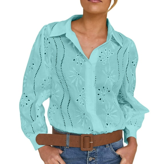 XFLWAM Women's Eyelet Hollow Out Lace Tops Puff Long Sleeve Button Down Shirts Spring Summer Dressy Causal Business Work Out Blouse