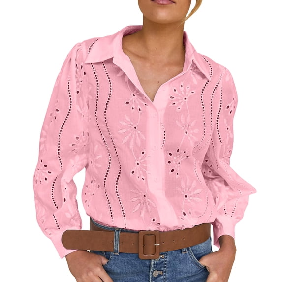 XFLWAM Women's Eyelet Hollow Out Lace Tops Puff Long Sleeve Button Down Shirts Spring Summer Dressy Causal Business Work Out Blouse