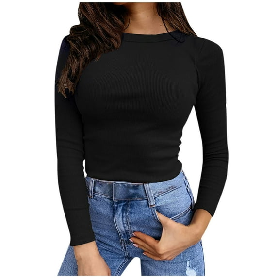 XFLWAM Women's Fall Casual Slim Fit Basic Tops Solid Color Long Sleeve Crew Neck Pullover Tight Tee Shirts Streetwear Black M