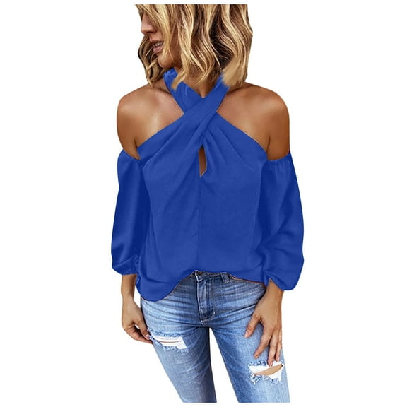 XFLWAM Women's Fall Fashion Blouse Off Shoulder Long Sleeve Tops Cross Halter Neck Cold Shoulder T Shirt Blue XXL