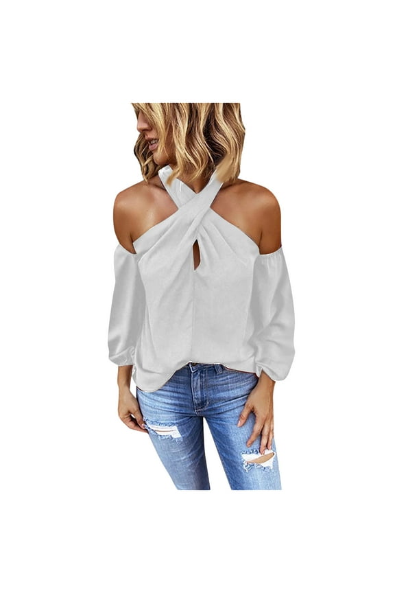 Women's Fall Fashion Blouse Off Shoulder Long Sleeve Tops Cross Halter Neck Cold Shoulder T Shirt Silver XL
