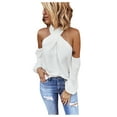 thumbnail image 1 of XFLWAM Women's Fall Fashion Blouse Off Shoulder Long Sleeve Tops Cross Halter Neck Cold Shoulder T Shirt White S, 1 of 6