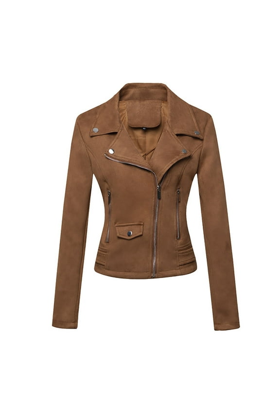 Women's Fall Fashion Faux Suede Leather Jacket Casual Moto Biker Jacket Coats Long Sleeve Zip up Solid Color Coat
