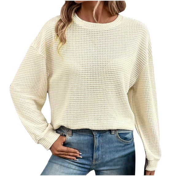 XFLWAM Women's Fall Long Sleeve Crew Neck Waffle Knit Casual Loose Oversized Pullover Sweater Loose Fit Jumper Tops Beige S