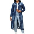 thumbnail image 1 of XFLWAM Women's Fall Ripped Holes Denim Jackets Lapel Collar Long Denim Jacket Regular Fit Trench Jeans Coat with Pockets Blue L, 1 of 9