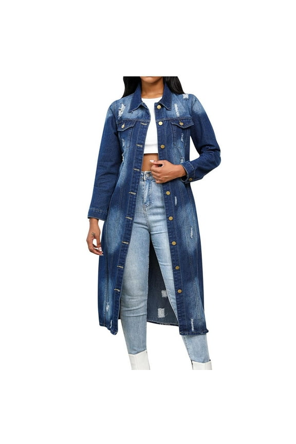 Women's Fall Ripped Holes Denim Jackets Lapel Collar Long Denim Jacket Regular Fit Trench Jeans Coat with Pockets Blue S