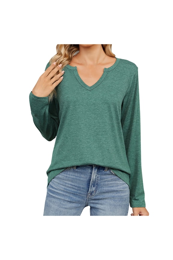 Women's Fall Tops Long Sleeve V Neck Lightweight Pullover Tshirt Casual Solid Color Loose Fit Blouse Tees Army Green XXL