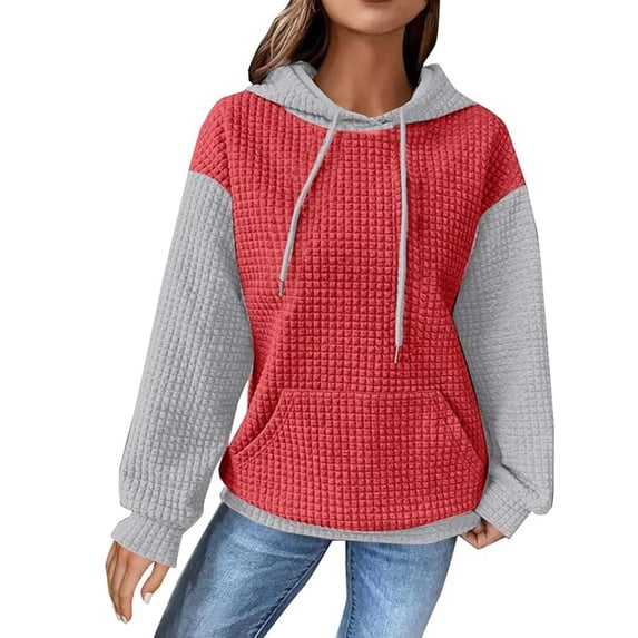 XFLWAM Women's Fall Winter Hoodies Waffle Knit Color Block Sweatshirt Long Sleeve Drawstring Casual Lightweight Pullover Tops