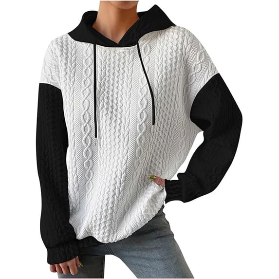 XFLWAM Women's Fall Winter Hoodies Waffle Knit Color Block Sweatshirt Long Sleeve Drawstring Casual Lightweight Pullover Tops
