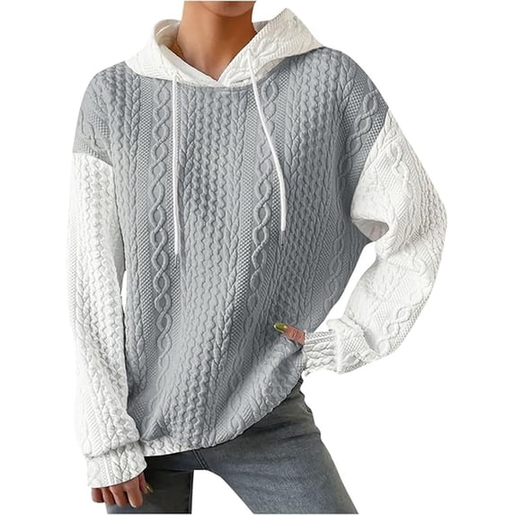 XFLWAM Women's Fall Winter Hoodies Waffle Knit Color Block Sweatshirt Long Sleeve Drawstring Casual Lightweight Pullover Tops