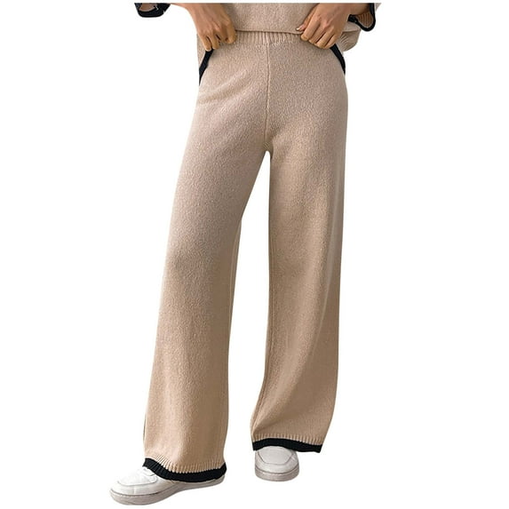 XFLWAM Women's Fall Winter Knit Lounge Pants High Elastic Waist Wide Leg Sweater Pants Casual Loose Trousers Khaki M