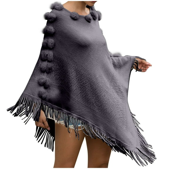 XFLWAM Women's Faux Fur Crew Neck Poncho Sweater Fall Winter Warm Irregular Fringed Hem Cloak Cape Loose Pullover Shawl Wrap Gray Free Size