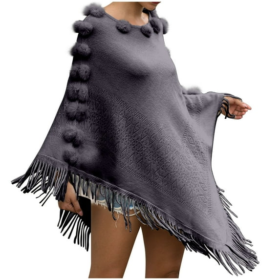 XFLWAM Women's Faux Fur Crew Neck Poncho Sweater Fall Winter Warm Irregular Fringed Hem Cloak Cape Loose Pullover Shawl Wrap Gray Free Size