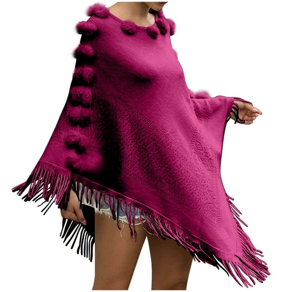 XFLWAM Women's Faux Fur Crew Neck Poncho Sweater Fall Winter Warm Irregular Fringed Hem Cloak Cape Loose Pullover Shawl Wrap Hot Pink Free Size