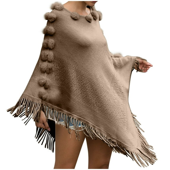 XFLWAM Women's Faux Fur Crew Neck Poncho Sweater Fall Winter Warm Irregular Fringed Hem Cloak Cape Loose Pullover Shawl Wrap Khaki Free Size
