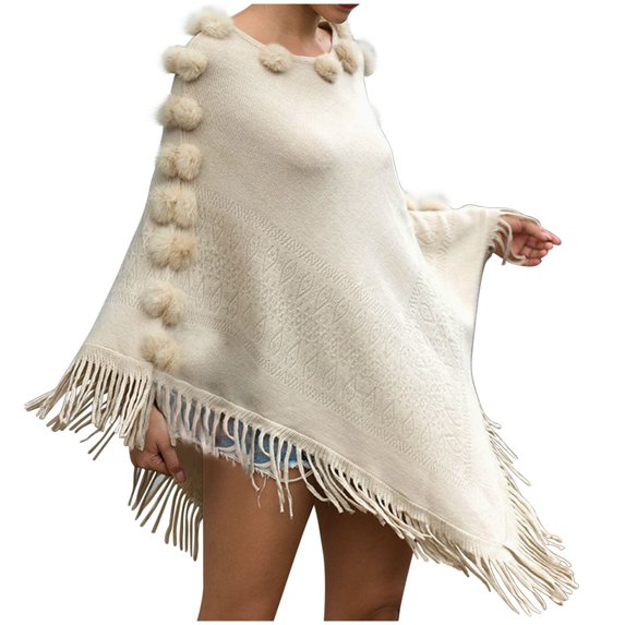 XFLWAM Women's Faux Fur Crew Neck Poncho Sweater Fall Winter Warm Irregular Fringed Hem Cloak Cape Loose Pullover Shawl Wrap White Free Size