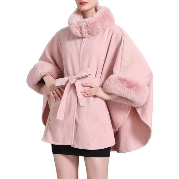 XFLWAM Women's Faux Fur Shawl Wrap Poncho Cape Wool Collar Batwing Sleeve Open Front Cardigan Warm Cape Sweater Cloak with Belt Pink Free Size