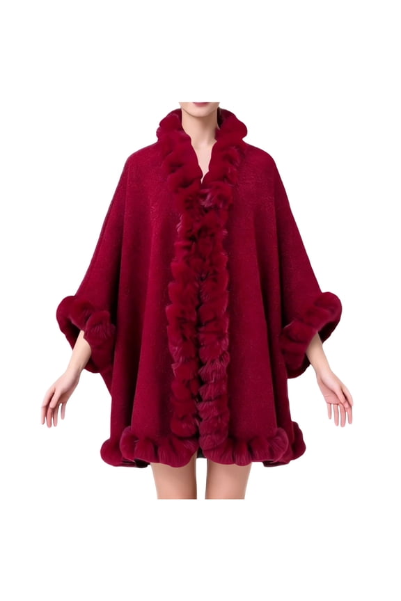 Women's Faux Fur Shawl Wrap Winter Cape Poncho with Fur Trim Sleeveless Cardigan Dressy Cloak Coats Wine Red Free Size