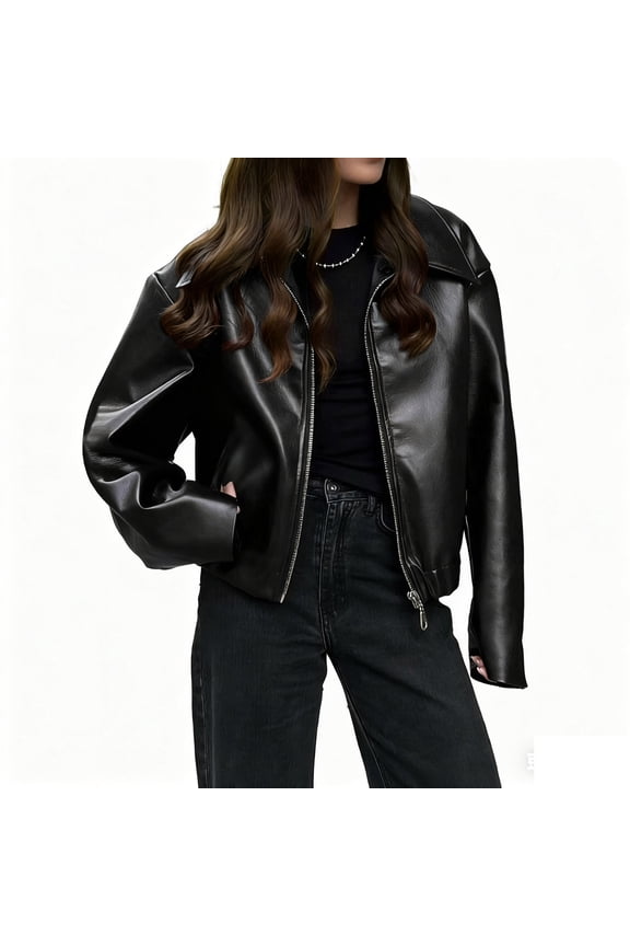 Women's Faux Leather Cropped Jacket Lapel Collar Zip Up Biker Motorcycle Jackets Vintage Long Sleeve Coats
