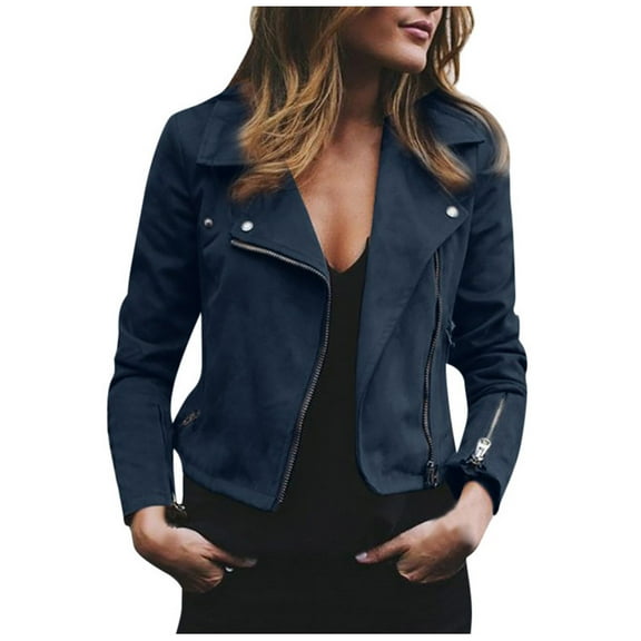 XFLWAM Women's Faux Leather Cropped Jacket Zip Up Long Sleeve Motorcycle Coat Plus Size Fashion Jacket Blue XXL