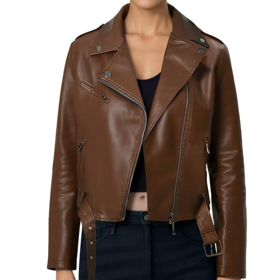 XFLWAM Women's Faux Leather Cropped Jackets Zip Up Lapel Collar Motorcycle Vintage Coat with Pockets Casual Solid Outfits
