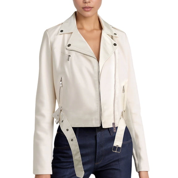 XFLWAM Women's Faux Leather Cropped Jackets Zip Up Lapel Collar Motorcycle Vintage Coat with Pockets Casual Solid Outfits