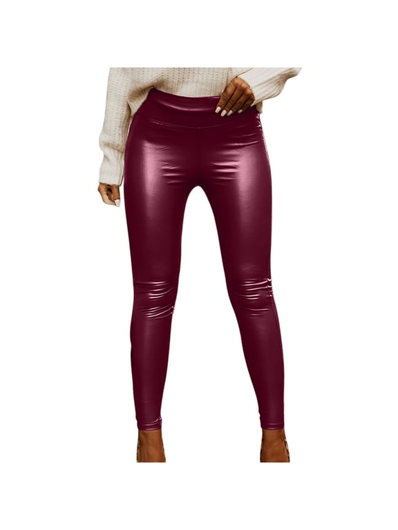 Women's Faux Leather Leggings High Waisted Black PU Pleather Pants Sexy Butting Lifting Tights Red XL