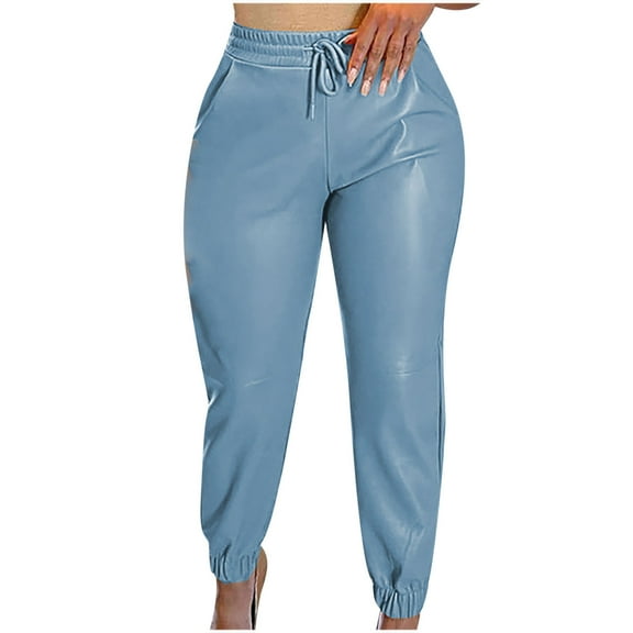 XFLWAM Women's Faux Leather Pants Drawstring Elastic High Waist Joggers Casual Loose Trousers with Pockets Blue 3XL