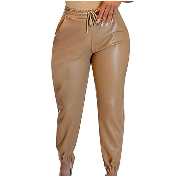 XFLWAM Women's Faux Leather Pants Drawstring Elastic High Waist Joggers Casual Loose Trousers with Pockets Khaki XL