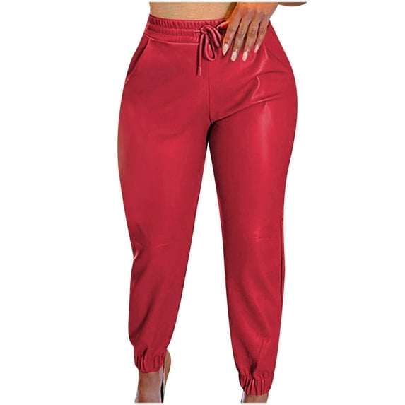 XFLWAM Women's Faux Leather Pants Drawstring Elastic High Waist Joggers Casual Loose Trousers with Pockets Red 3XL