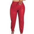 thumbnail image 1 of XFLWAM Women's Faux Leather Pants Drawstring Elastic High Waist Joggers Casual Loose Trousers with Pockets Red S, 1 of 5