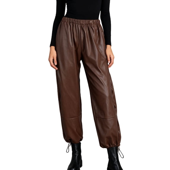 XFLWAM Women's Faux Leather Pants Elastic Waist Straight Leg Baggy Jogger Casual Loose Solid Color Trousers with Pockets